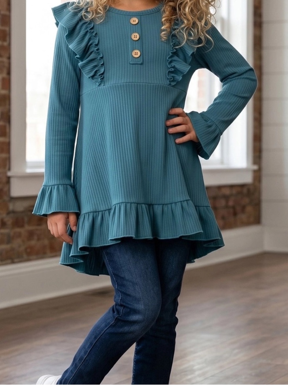 Ruffle Hem Ribbed Long-Sleeve Tunic - Teal